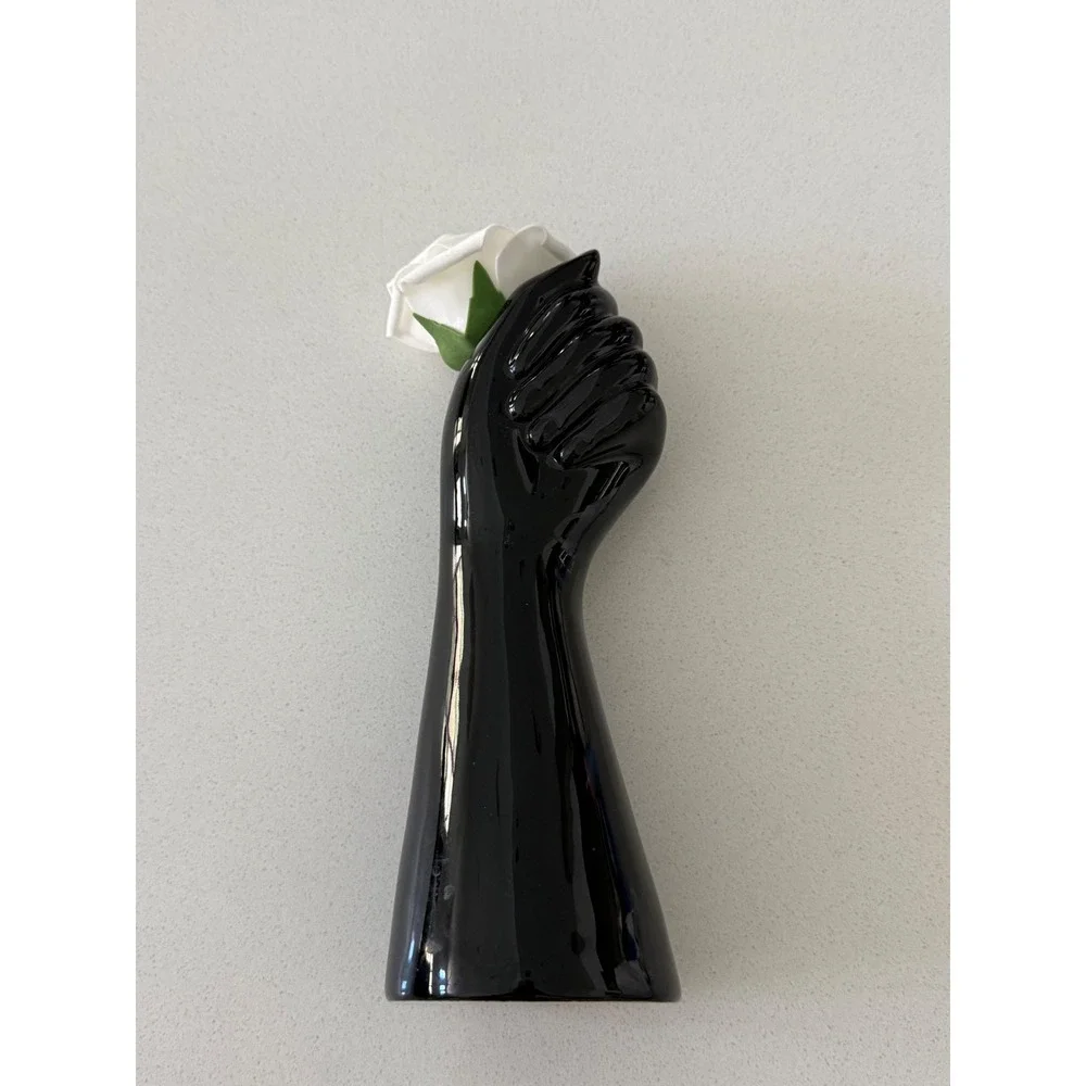 Modern Glossy Black Ceramic Hand Fist Bud Vase Sculptural Home Decor Art